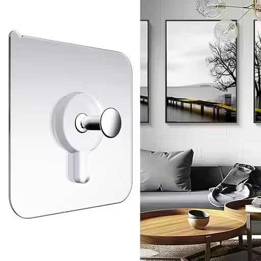 Photo Frame Hooks for Wall Without Drilling, Self Adhesive Hooks for Wall Heavy Duty Strong Nail Free for Hanging Photo Frame (Hanging Hook, Transparent) Stainless Steel (Pack of 10)