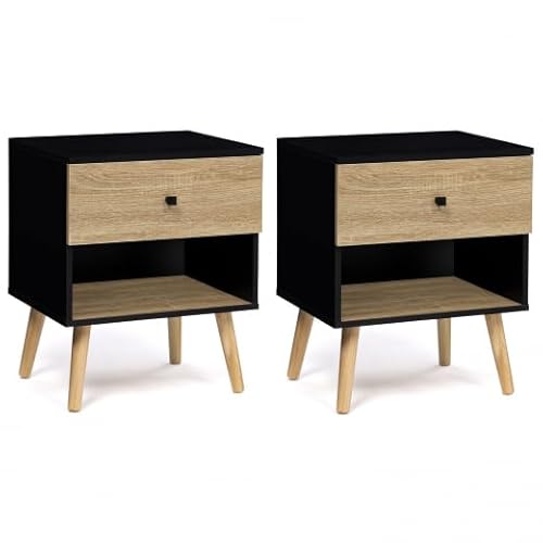 IDMarket – Juego de 2 mesitas de noche Emmie escandinavas 1 cajón con nicho negro y haya