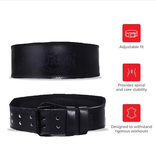 Image of Aurion by 10Club Premium Genuine Leather Weight Lifting Belt-Small | HeavyDuty Powerlifting Belt | Body Fitness And Gym Back Support Weightlifting Belt | Unisex | Adjustable Buckle | Full Black