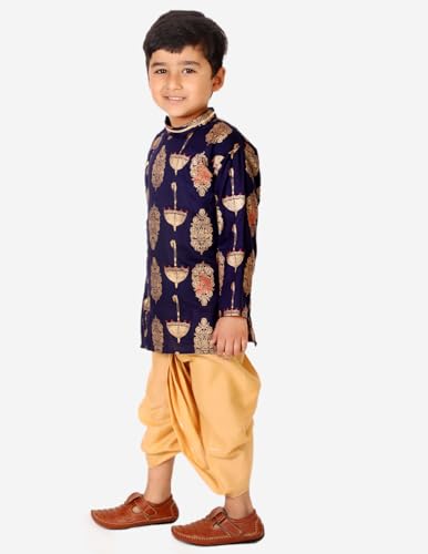 Image of superminis Boy's Golden Foil Printed Side Open Cotton Kurta, Round Collar, Full Sleeves Ethnic Wear Dhoti Kurta Set
