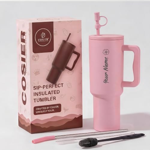 Image of Personalised 1200ml Insulated Stainless Steel Tumbler with Handle and Straw Lid - Large Travel Mug for Coffee & Water, Double Wall Vacuum Cup, Car Cupholder Friendly (Soft Pink)