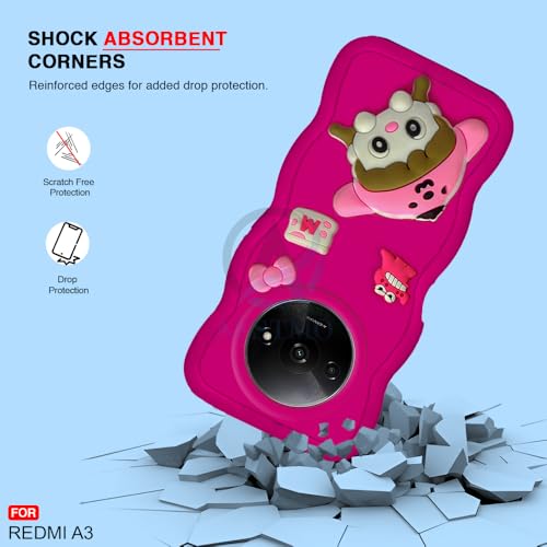 Image of AESTMO Back Case Cover for Redmi A3 | 3D Cute Fun Cartoon Characters | Anti Slip Grip Cute Wave Curly Frame Shape | Full Body Protection Back Cover for Redmi A3 |(Pink)