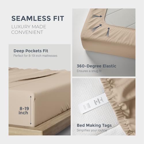 Image of THREAD SPREAD 100% Egyptian Cotton Sheets California King Size - 1500 Series Cal King Sheets Egyptian Cotton (4 PC, Taupe), Silky Soft, Sateen Weave, Cooling & Breathable, 17 inch Deep Pocket Bed Set
