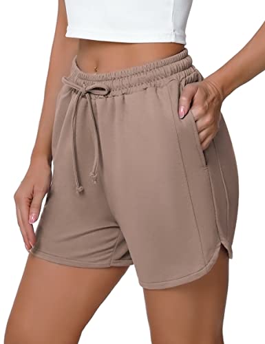Cowasto Women Running Shorts High Waisted Casual Summer Shorts Athletic Shorts With Pockets For Yoga Workout Brown L #TOP12