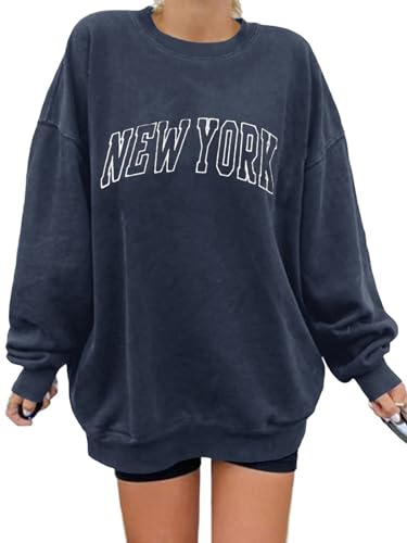 Langwyqu Womens' New York Letter Print Oversized Crewneck Long Sleeve Casual Loose Pullover Tops