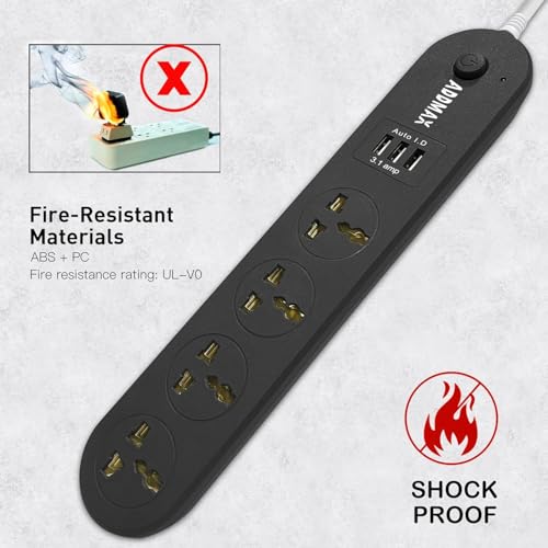 Image of ADDMAX Extension Board with USB - 4 Socket Power Strip, 3 USB Ports, 10 Meter Heavy-Duty Cord, 10A Surge Protector, Fireproof Multi Plug Extension for Home, Office, TV, Computer - Black