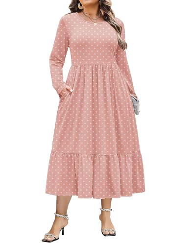 IN'VOLAND Women Plus Size Long Sleeve Dress Loose Casual Flowy Tiered Long Maxi Dresses with Pockets