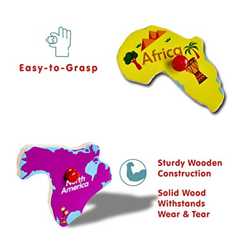 Gleeporte Wooden Peg Puzzle, World Map Theme - Learning Educational Pegged Puzzle for Toddler & Kids - 7 Continents & 4 Oceans (11 pcs)