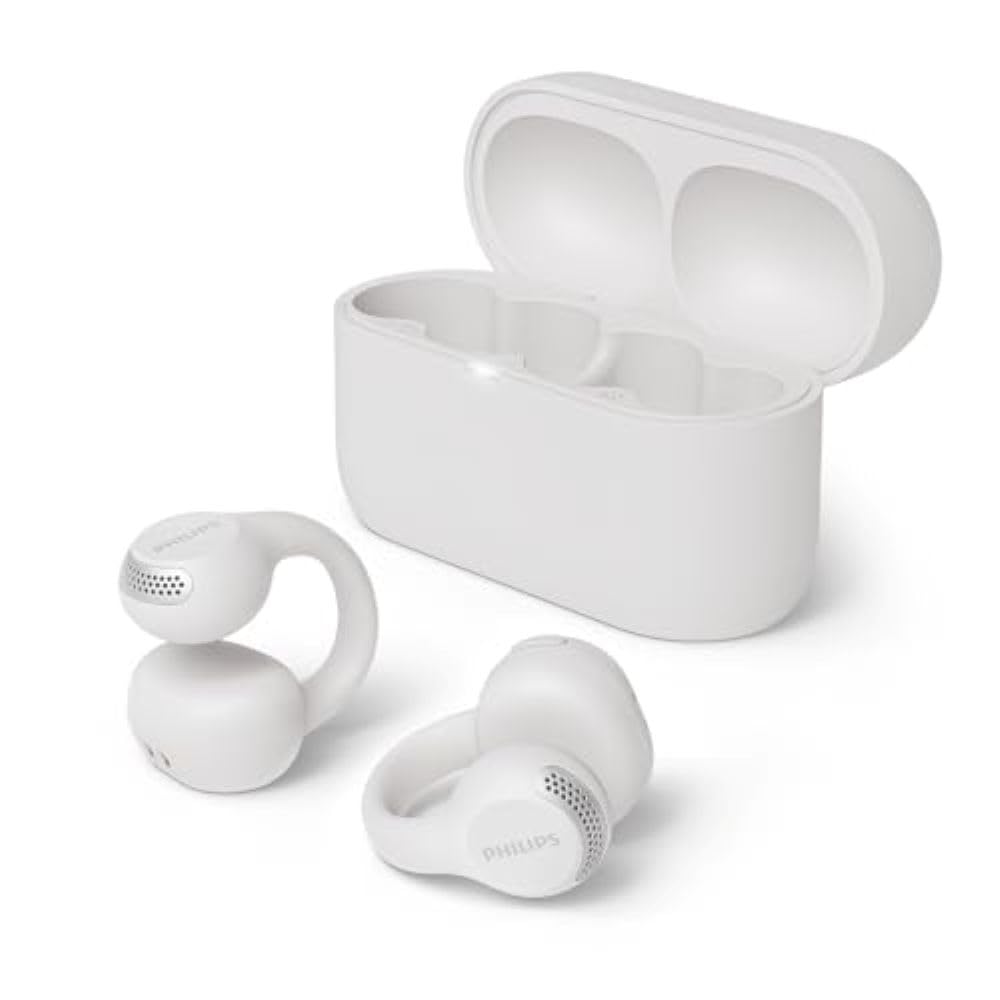 white wireless earbuds in clear with charging case