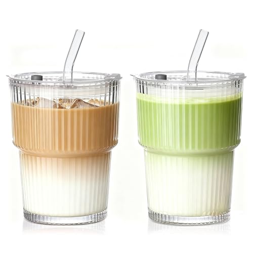 VITEVER 2 Stück 400ml Glasbecher mit Deckel und Strohhalm, Glas...