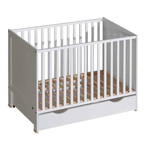 ATB Meble Cama Cuna con Cajón Basic - Cuna Madera Bebe 120x60 cm Altura Regulable - Cunas para Bebes - Peldaños Extensibles - Blanco