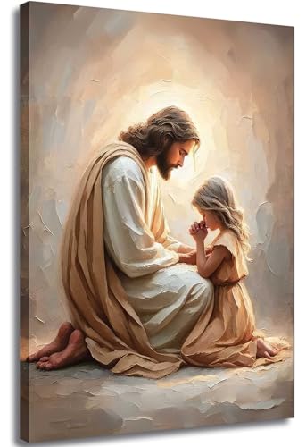 Lienzo decorativo para pared, diseño de Jesús rezando con niña, pinturas cristianas de Jesús con niños, decoración religiosa de la Biblia, pósteres para salón, dormitorio, iglesia, hogar, decoración