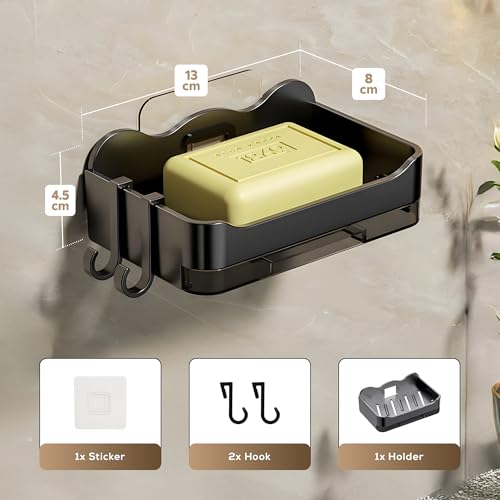 Image of MIORAH Soap Holder for Bathroom | Self Adhesive, No-Drill Holder with Drip Tray | 2 Hooks for Extra Storage