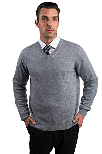 JENNIE LIU Men's 100% Pure Cashmere Long Sleeve Pullover V Neck Sweater