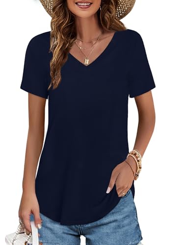 Image of Elesomo Womens T Shirts V Neck Summer Short /Long Sleeve Cotton Tops Tees