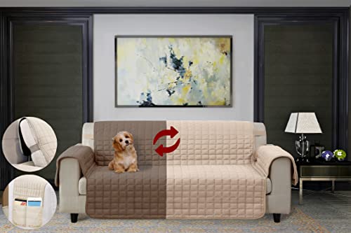 Elegant Comfort Quilted Furniture Protectors Solid And Printed Design Reversible Slipcovers Featuring Elastic Straps And Smart Pockets Great For Pets, Kids And More, Sofa, Cream/Taupe #TOP1