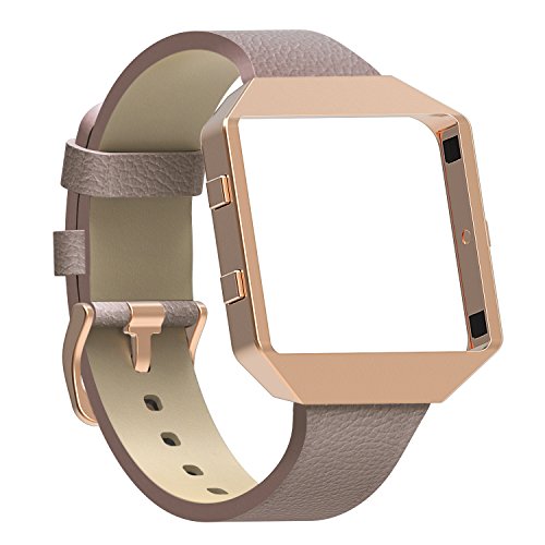 for Fitbit Blaze Bands with New Metal Frame,Austrake Replacement Leather Slim Straps with Stainless Steel Buckle for Fitbit Blaze Strap for Women Men,Grey