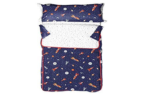 Burrito Blanco Saco Nórdico Infantil 168 Azul con Diseño de Universo Y Cohetes, con Relleno Incluido, para Cama de 90 x 190 cm, Calidad Extra