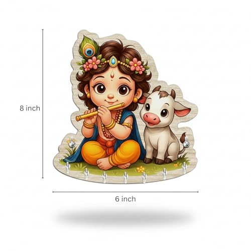 Image of JIVAY Baby Krishna Decorative Wall Mounted Key Holder for Home Wooden Key Hanger with 7 Hooks Designer Key Stand for Living Room, Entrance & Office Home Decor Gift Item (Baby Krishna Key Holder)