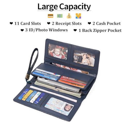 Image of Wristlet Wallet for Women Leather Clutch Purse Trifold Card Holder RFID Blocking Large Capacity Blue