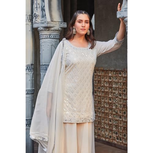 Image of BIBA Poly Georgette Embroidered Straight Casual Kurta With Sharara And Dupatta