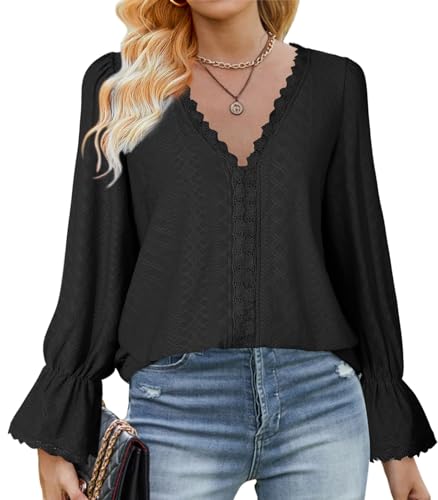 Zetieny Blusa Mujer Camisas Cuello en V Camisetas de Manga Larga Elegante Top T-Shirt Casual de Mujer