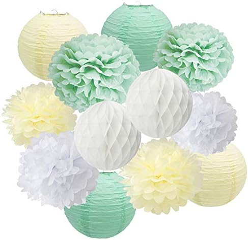 Mint Green Baby Shower Decorations Set-Sage Green White Poms & Lantern, First Year Birthday, Boys Cake Smash Decoration, Mint Green Pastel Wedding