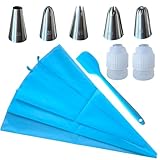 11-Piece Piping Bags and Tips Set, 3 Reusable Silicone Pastry Bags (18″ & 16″), 5 Stainless Steel Icing Tips, 2 Large Couplers, Mini Spatula for Cake Decorating