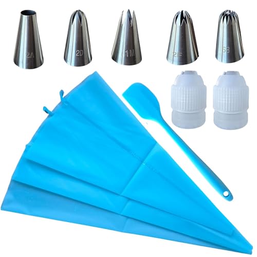 11-Piece Piping Bags and Tips Set, 3 Reusable Silicone Pastry Bags (18″ & 16″), 5 Stainless Steel Icing Tips, 2 Large Couplers, Mini Spatula for Cake Decorating