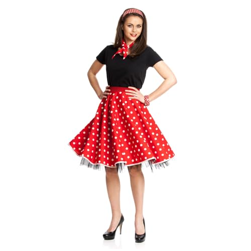 Kostümplanet Rock-n Roll Damen Kostüm - Gepunkteter Polka Dot Knielang Mit Halstuch - 50er Jahre Tellerrock Rockabilly Outfit (DE/NL/SE/PL, Numerisch, 36, 38, Regular, Rot-weiß)