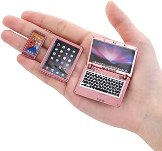 cobee 1:12 Mini Laptop Set,3pcs/set Mini Metal Laptop Tablet Smartphone Scene Simulation Accessories Dolls House Furniture Doll Accessories Play Set (Rose Gold)