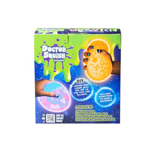 Doctor Squish Squishy Maker Neon Refill Pack | DIY Squishy Making Kit with 6 TPR Balloons, 6 Reusable Clips, Glow in The Dark Sparkles & Slime Powder | Make Your Own Squishies | Ages 8