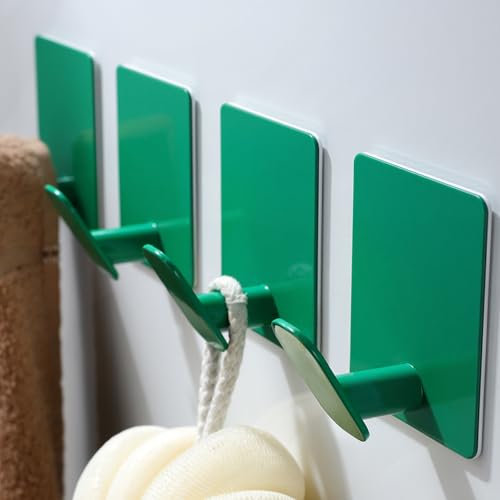 DELITON 4 Pack Colorful Hanging Hooks - Adhesive Green Cute Kids Wall Hooks for Hanging Towels, Robe, Coat, Decor Bathroom Organizer