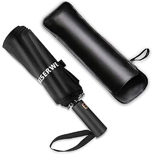 Umbrella 12 Ribs Windproof with Auto Open Close Button Teflon Coating Golf Umbrella Lengthened Handle Travel Umbrella with Free Upscale Leather Umbrella Cover