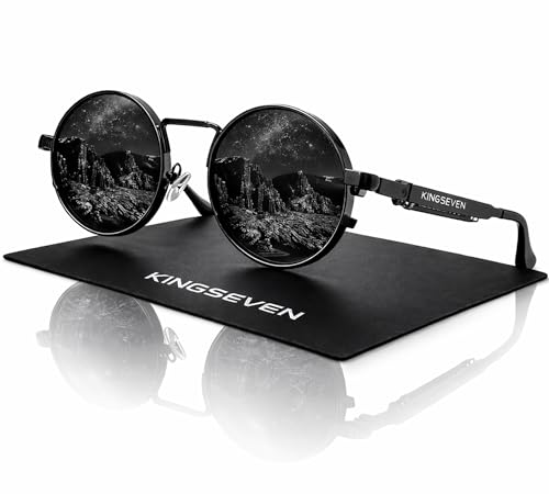 KINGSEVEN Hochwertige Runde Polarisierte Sonnenbrille für Herren und Damen im Retro Stil Vintage Hippie Steampunk Brille mit Metallrahmen Schwarz