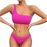 Yxzogd Women's Ribbed Bikini Sets One Shoulder Top with Mid Waist Two Piece Bathing Suit New Bikini Sexy Backless Swimsuits Hot Pink