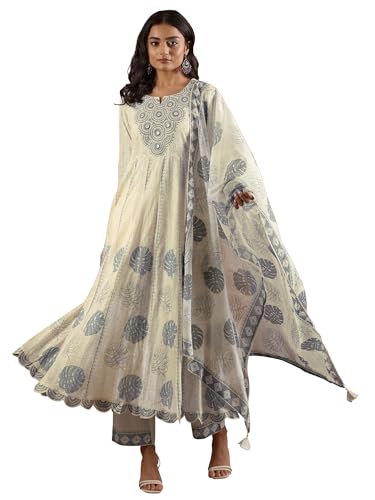 Image of Libas Embroidered Cotton Anarkali Kurta with Trouser and Dupatta