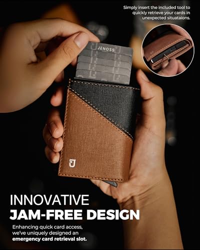 Image of Jenoss Smart Wallet For Men: Full Grain Leather, Handcrafted, Slide Metal Pop Up Case, Slim RFID Blocking Credit Card Holder, Compact 12 Cards Slot Organizers, ID, Money Clip(Brown & Black)