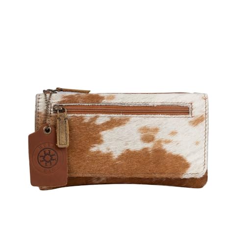 Image of Myra Wildfire Leather and Hairon Cowhide Wallet - 7.5x4 inch Cow Print Wallets for Women, Brown and White, Long, Western Cowprint, Boho Style, Country Stuff, Cowgirl Gifts for Women, Mom, Sister, Aunt