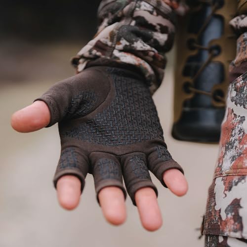 First Lite Rugged Wool Half Finger Glove - Merino Wool Hunting Gloves with Silicone Grip Palm for Shooting Dexterity, Walnut, X-Large