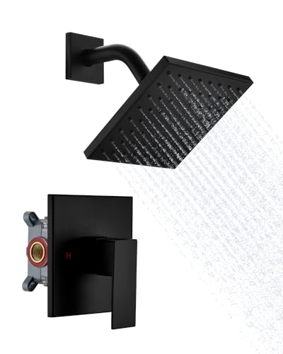 Fekivasy Matte Black Shower Faucet Set - 6 Inch Black Shower Head and Handle Set, Wall Mount Rain Shower Valve and Trim Kit, Black Shower Hardware System Sets with Brass Shower Valve for Bathroom