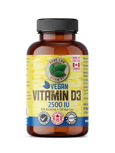 Pure Lab Vitamins | Vitamin D3 2500IU | 120 Capsules | Mood Booster, Bone Health, Teeth Health & Immune System Support | Vitamin D3 Cholecalciferol | Vitamin D3 Capsules | Vitamin D3 Supplement