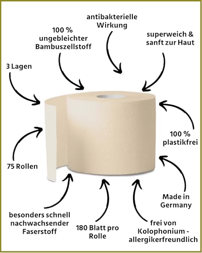 œcolife Bambus Toilettenpapier, 75 Rollen, 3-lagig, Ungebleicht in natürlichem Beige, 180 Blatt pro Rolle, Frei von Kolophonium & Chlor, Nachhaltig & Plastikfrei verpackt