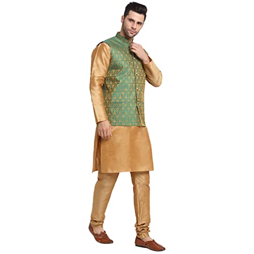 Image of KRAFT INDIA Mens Gold Silk Blend Kurta and Churidar Set With Jacquard Paisley Nehru Jacket