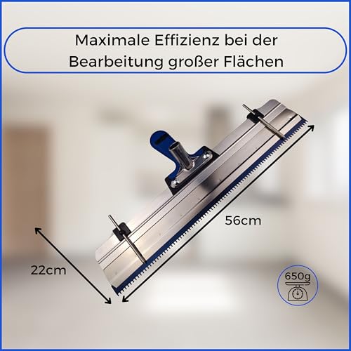 BACHSAM® Made in Germany Großflächenrakel Stehrakel für Ausgleichsmasse, epoxidböden, Profi Flächenrakel 56cm breit, Edelstahl Doppelklinge, Zahnrakel mit Softgriff, Höhenverstellung & Stielhalterung