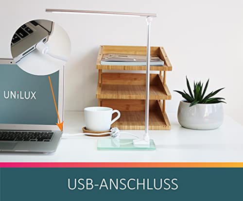 Unilux LED Schreibtischlampe Popy 6W Tischlampe mit Glassockel, dimmbar, USB-Anschluss für Büro, Smartphone Aufladung… – Bild 5