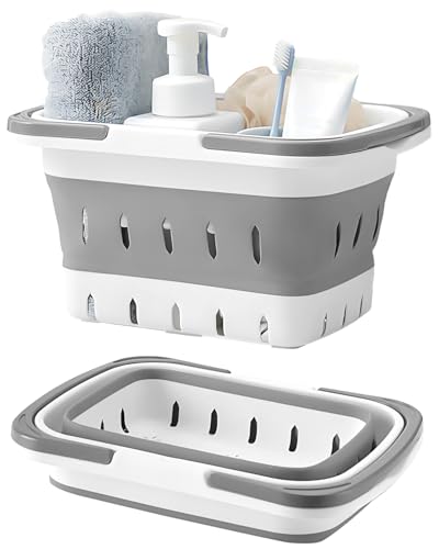 Fammart Portable Shower Caddy Tote Collapsible Plastic Basket with Handles Foldable Storage Organizer for Bathroom Kitchen College Dorm Gym Travel & Camping Gray