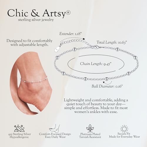 Image of CHIC & ARTSY 925 Sterling Silver Ankle Bracelets for Women, Adjustable Double Layer Chain Anklets, Minimalist Lightweight Foot Jewelry for Beach & Everyday Wear