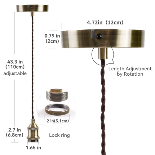 COZZY Vintage Ceiling Pendant Light Fitting, Brown Twisted Braided Flex,E27 Lamp Holder Suspended Pendant Light Fitting Kit-Antique Brass