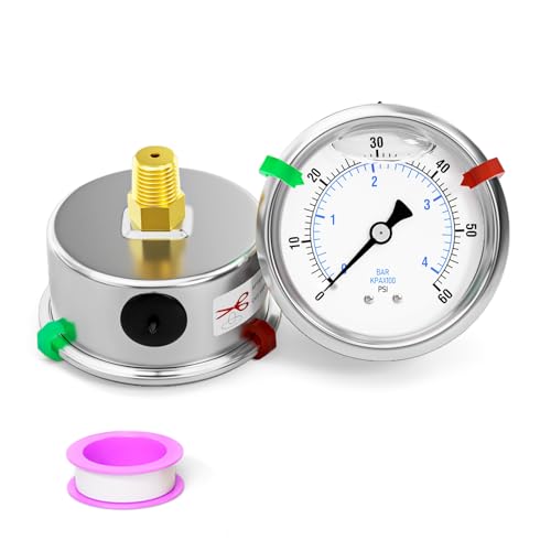 0-60psi Stainless Steel Glycerin Liquid Filled Pressure Gauge 1/4" NPT 2.5" Face Dial Center Back Mount, for Water, Oil and Air Pressure Testing (with Range Mark Pointer)